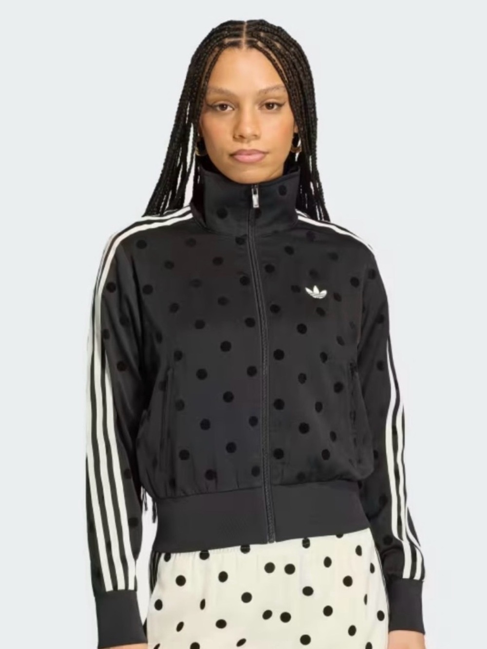 New Adidas Black Polka Dot Bomber Jacket with White Stripes - Picture 1 of 4